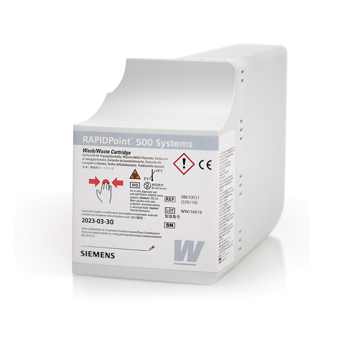 Vit Siemens RAPIDPoint 500 tvätt-/avfallskassett med instruktioner och varningsetiketter på framsidan.