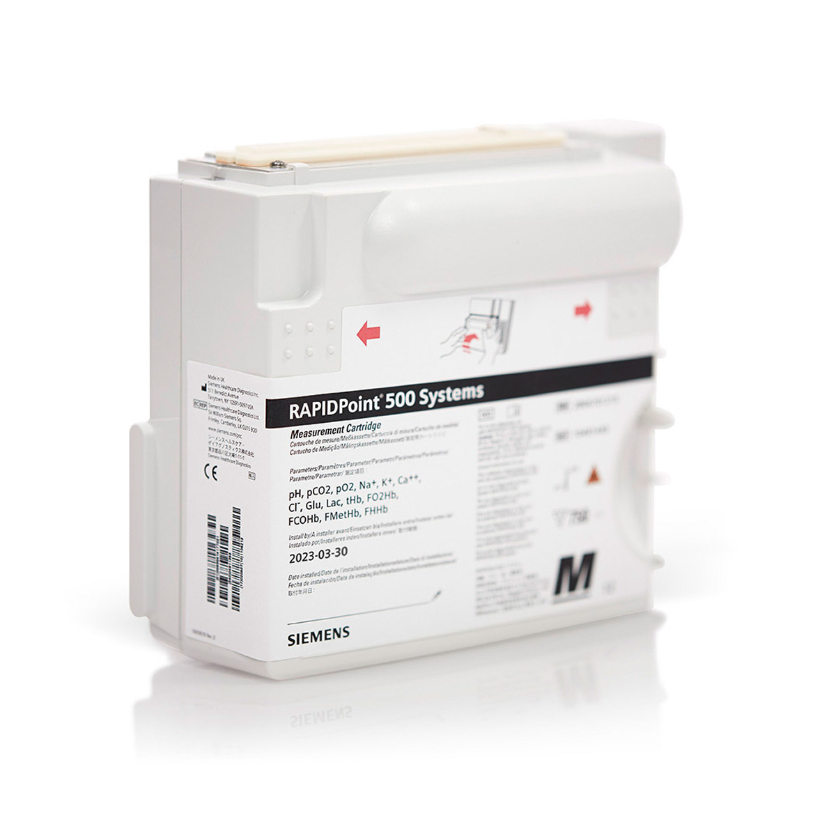 Vitt Siemens RAPIDPoint 500 mätningspatron med etikett och instruktioner, används i medicinska diagnostiksystem.