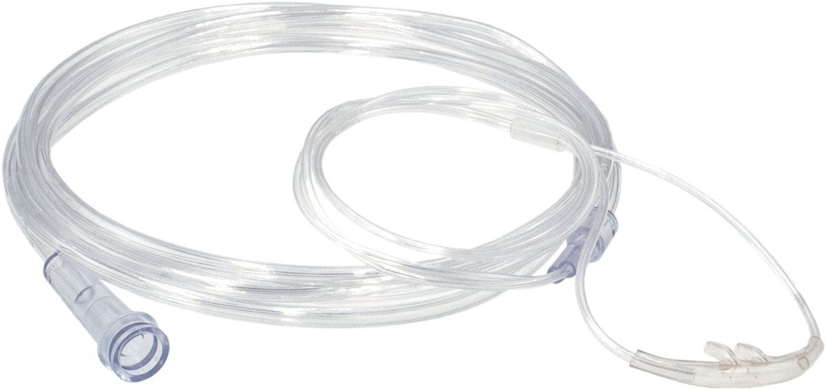 Klar nasal iltcannula med næsepropper og kobling, rullet sammen på en hvid baggrund.