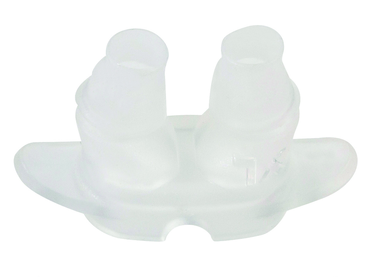 Genomskinlig silikon näskuddsmask med dubbla näsinsatser, används för CPAP-terapi.