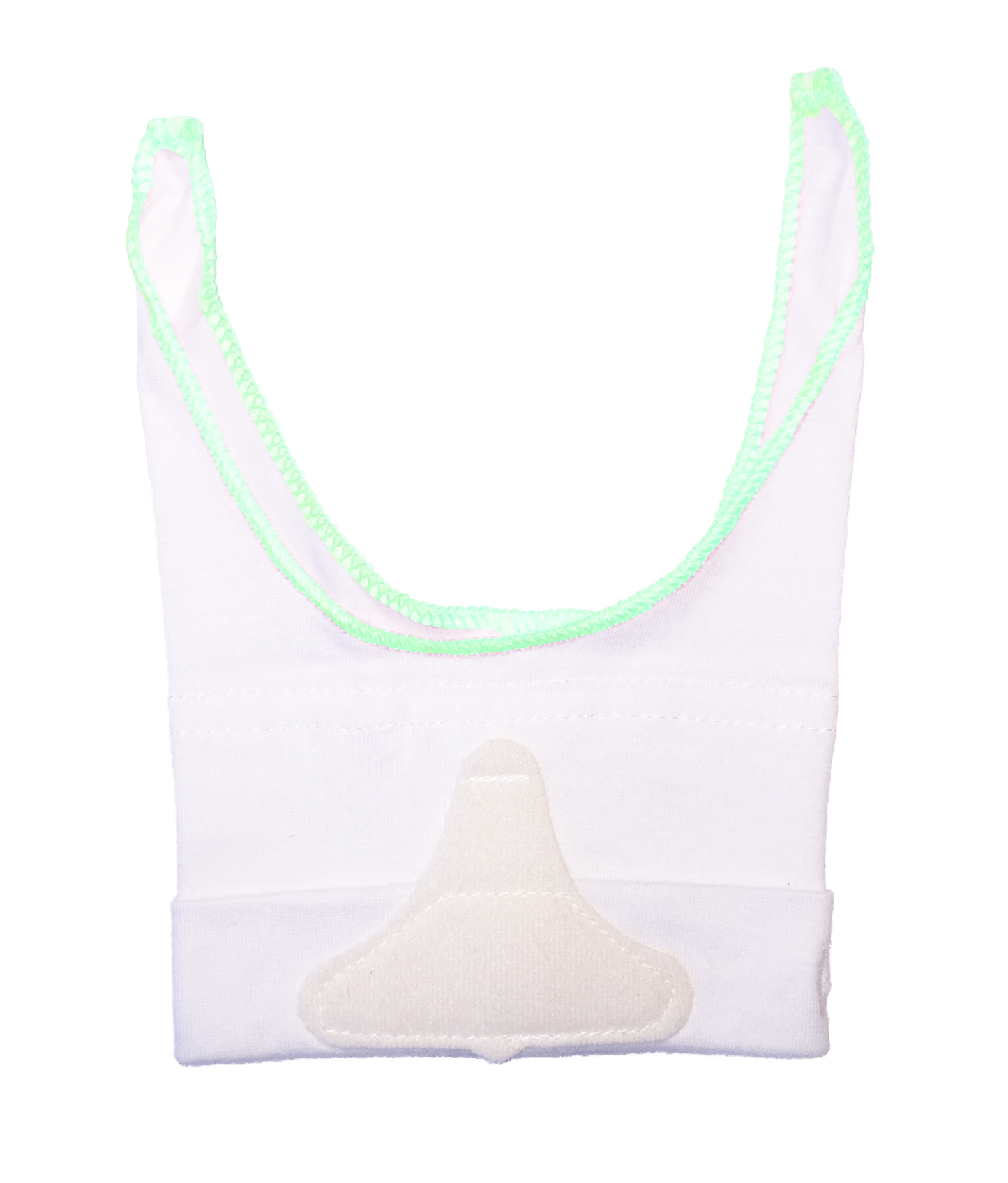 Vit tygrem med grön kant och en beige dyna, möjligen en medicinsk eller stödjande tillbehör, på en vit bakgrund.