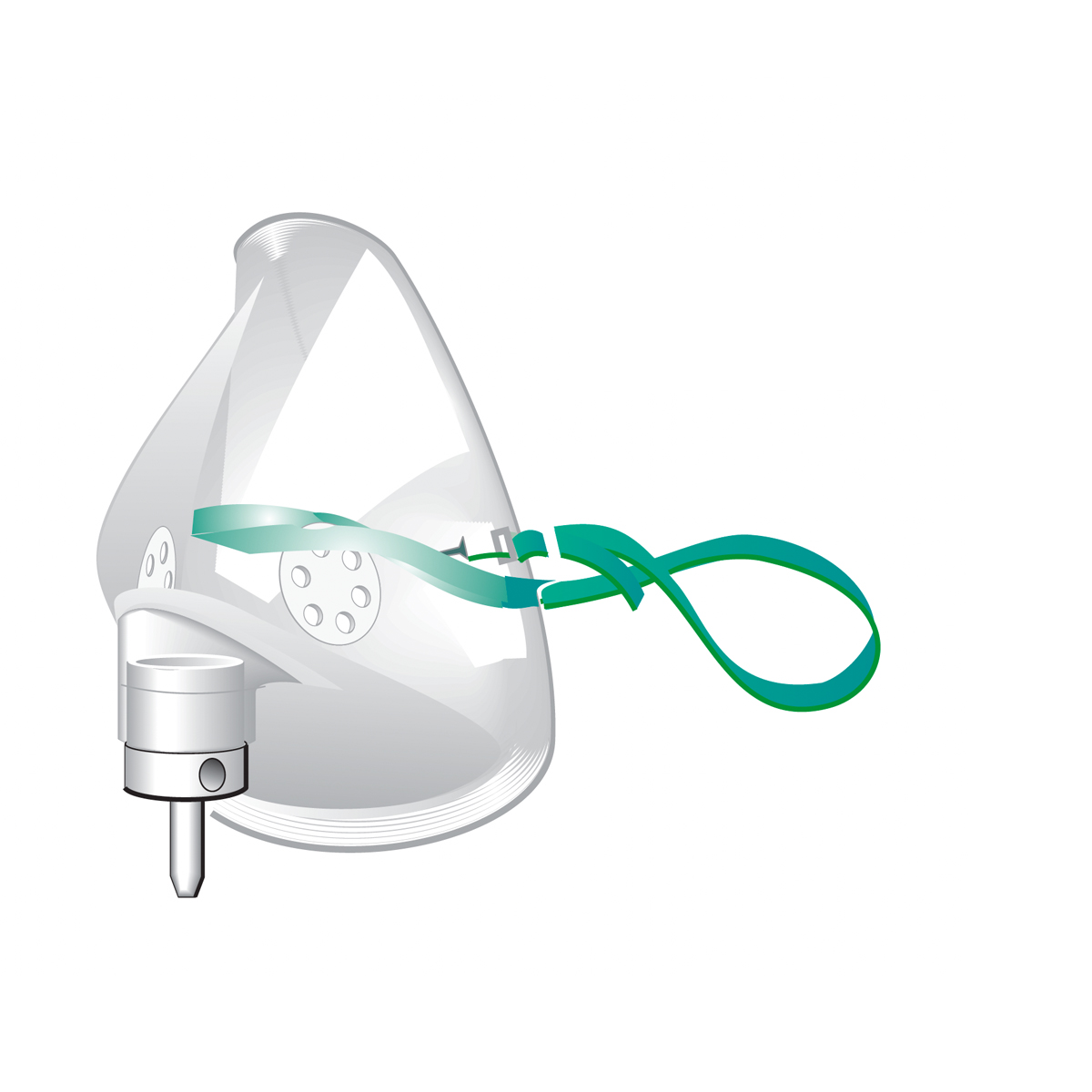 Illustration af en gennemsigtig iltmaske med grøn rem og ventilationsåbninger.