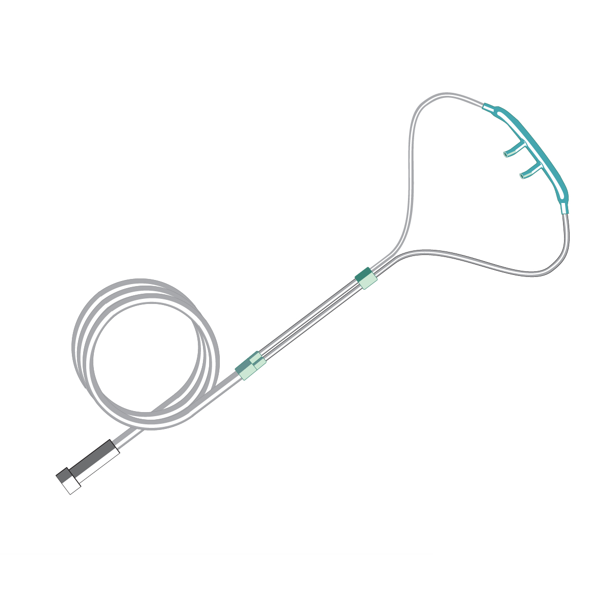 Illustration af en næsebrille til ilt, et medicinsk hjælpemiddel med slange og næsepropper.