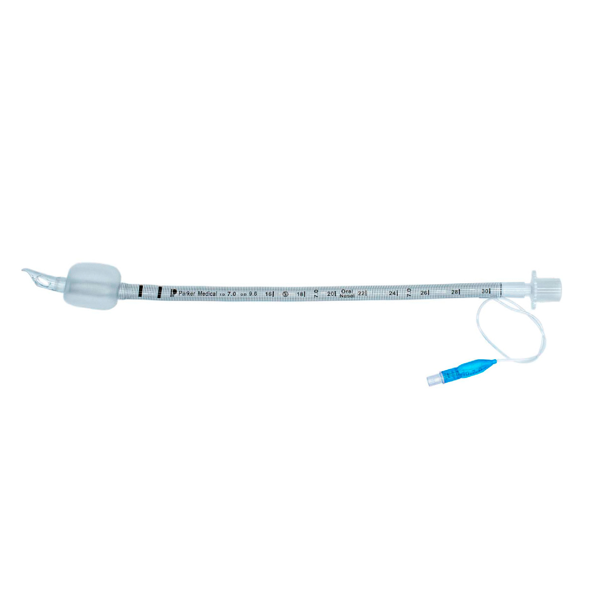 Medicinsk intubationsrør med ballon og måleskala, brugt til luftvejshåndtering ved operationer og nødsituationer.