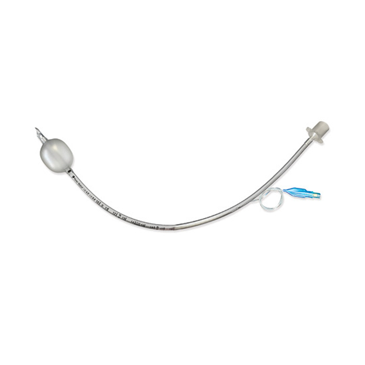 Medicinsk endotracheal tube med ballon og tilslutning, brugt til luftvejshåndtering.