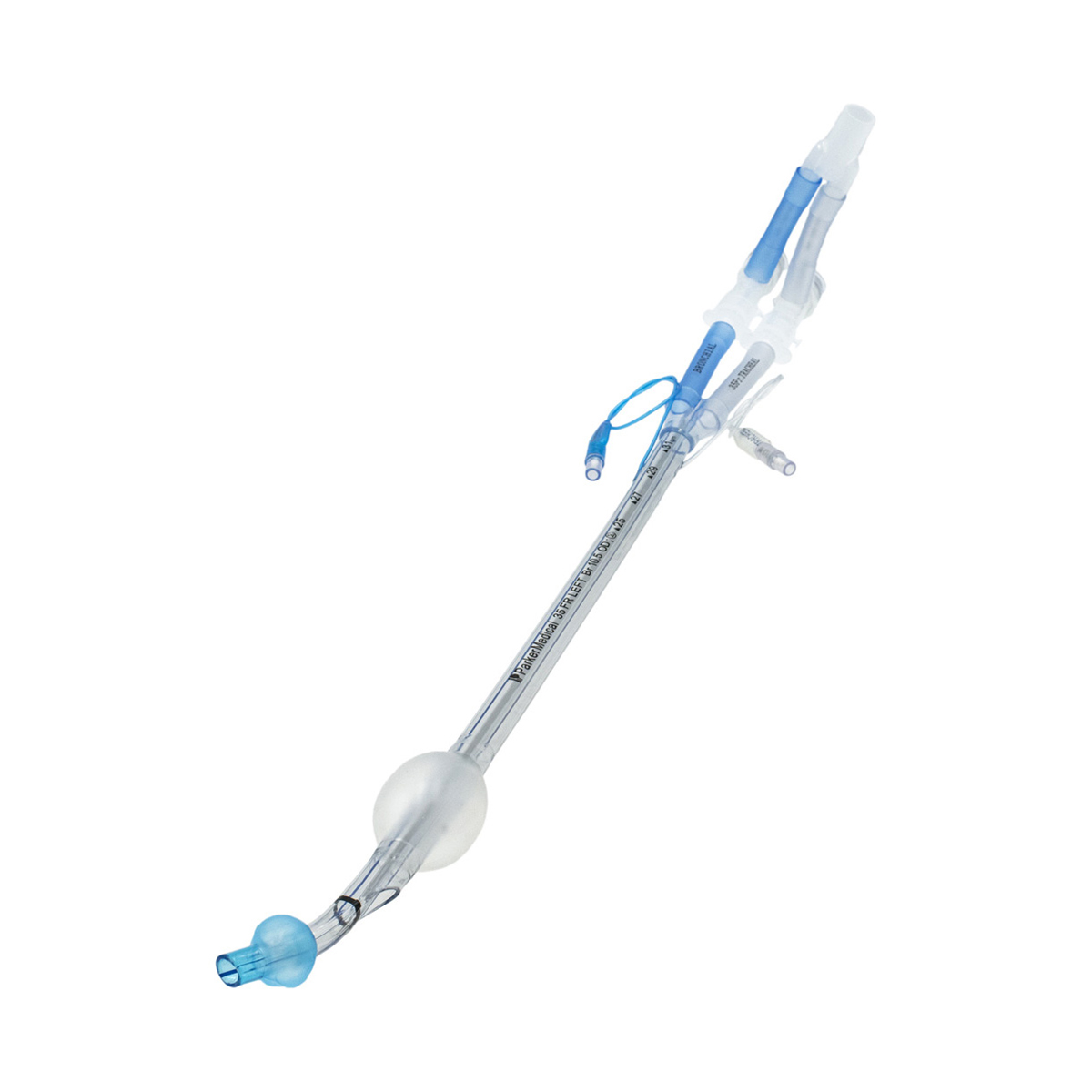 Medicinsk endotrakeal tube med blå og gennemsigtige komponenter på hvid baggrund.