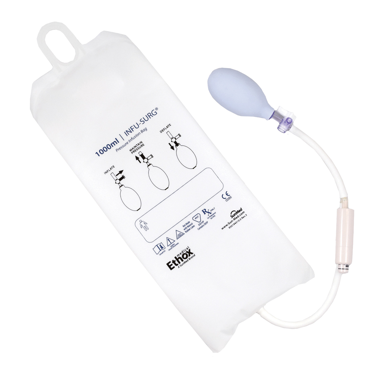 Hvid infusionspose med pumpe og trykmåler til medicinsk brug, mærket "INFU-SURG 1000 ml".