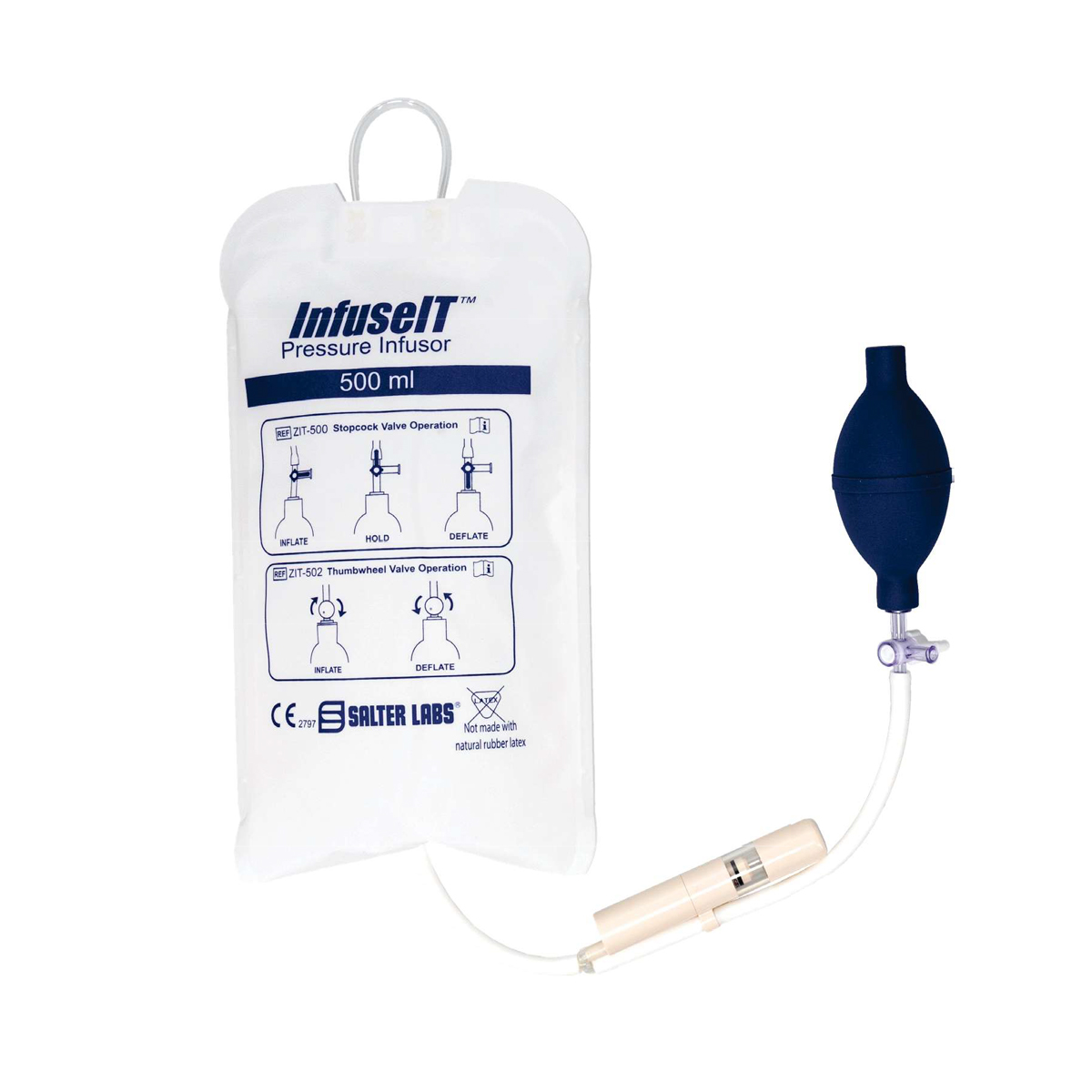 Medicinsk infusionspose med pumpe og ventil, kapacitet 500 ml, mærke InfuseIT, fra Salter Labs.