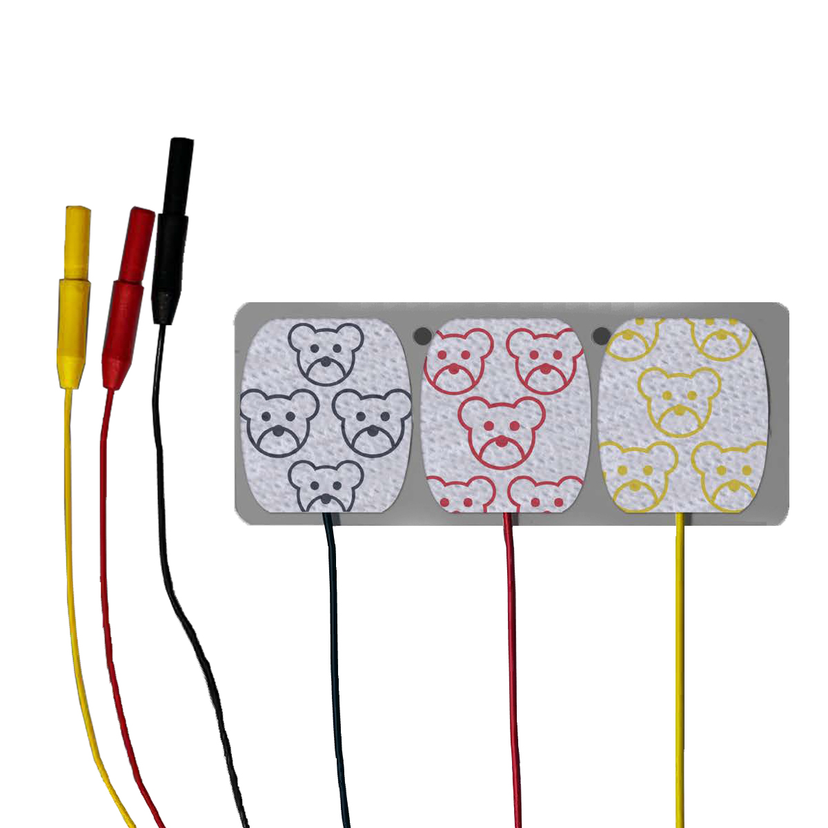 Tre EKG-elektroder med bjørneansigter i sort, rød og gul, hver med ledning og stik i matchende farver.