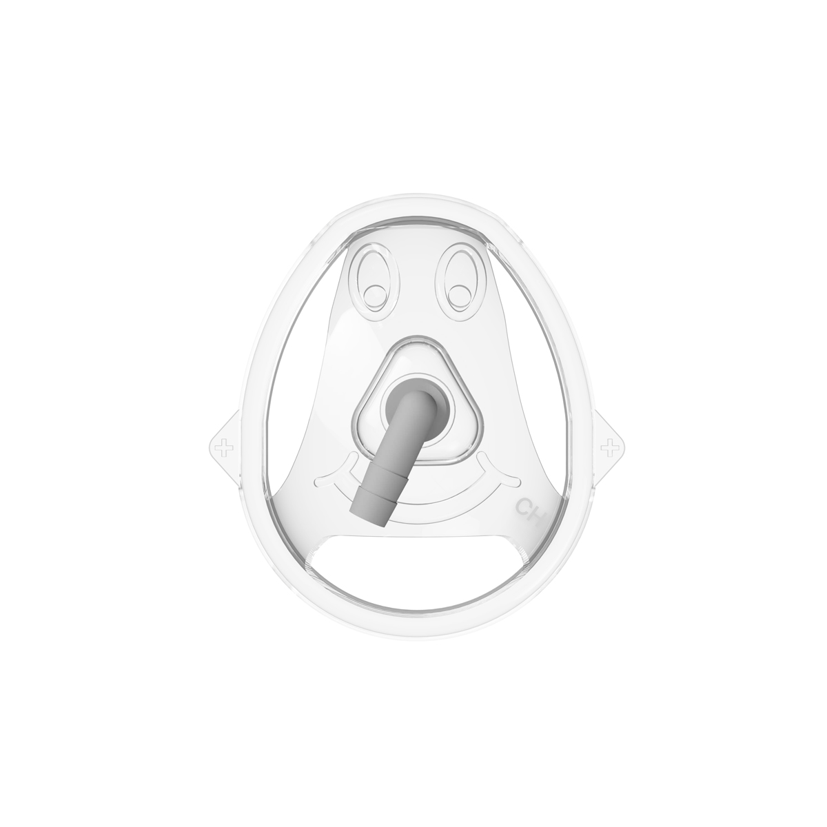 Gennemsigtig plastmaske til inhalation med smiley ansigt og rund åbning i midten.