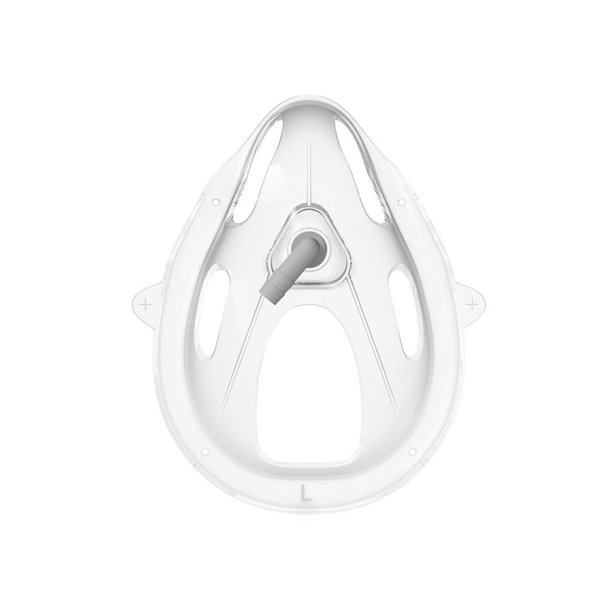 Hvid respiratormaske set forfra med slangeforbindelse i midten og størrelsesangivelsen "L" nederst.