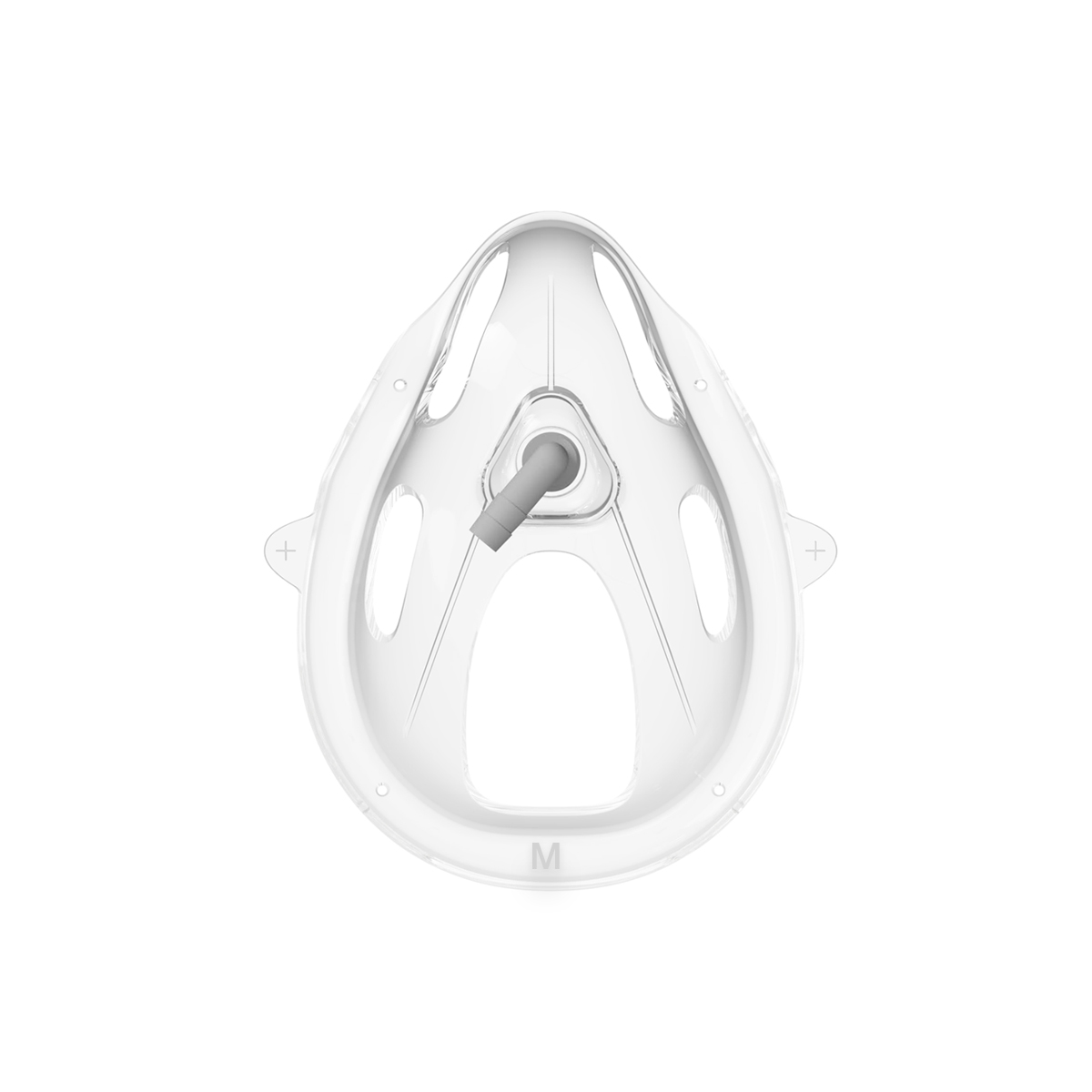 Hvid åndedrætsmaske set forfra med silikonering og ventil i midten.