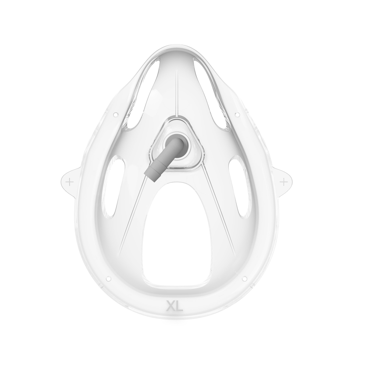 Hvid åndedrætsmaske i størrelse XL set forfra med ventil i midten.