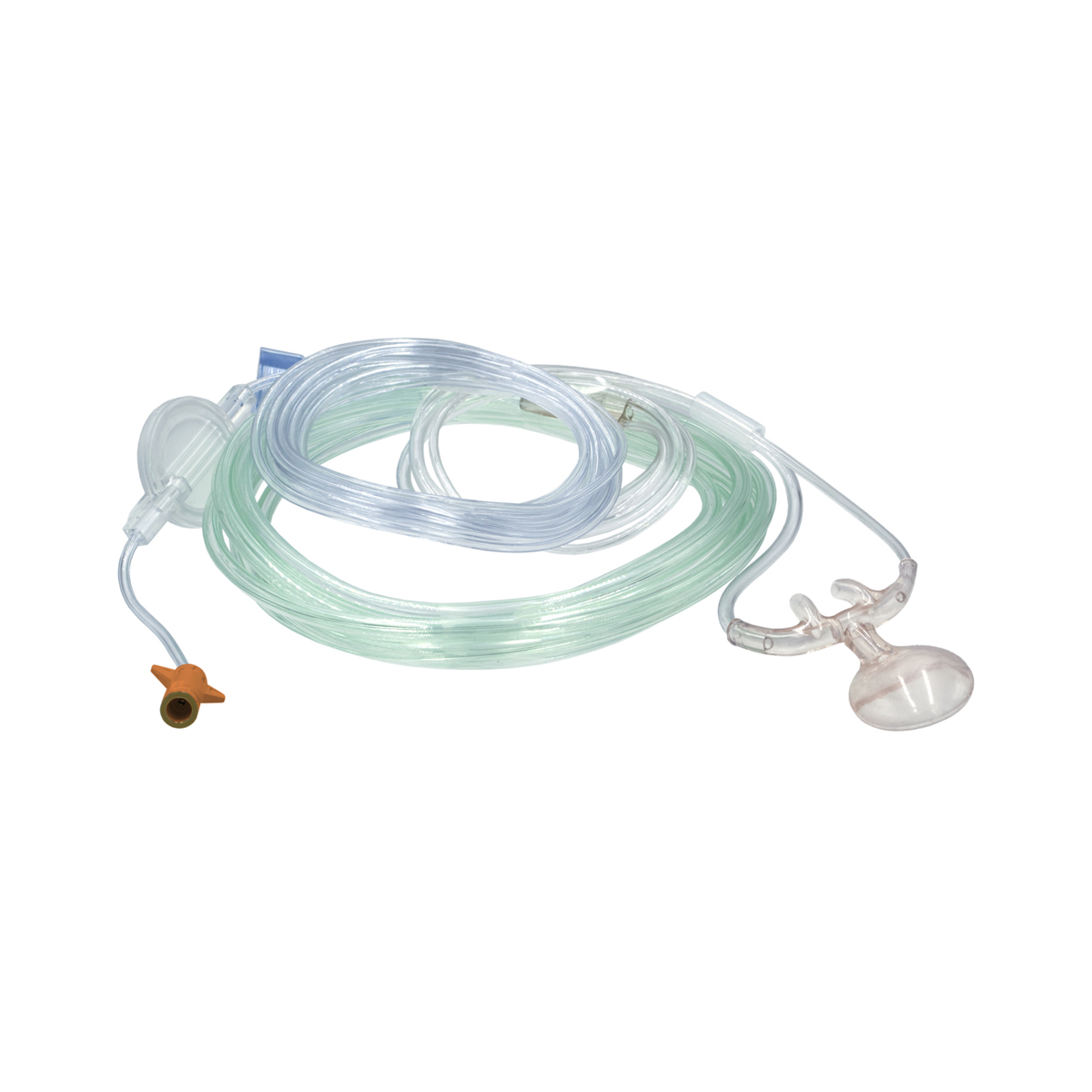 Medicinsk iltslange med næsekateter og blød plastikmaske på hvid baggrund.