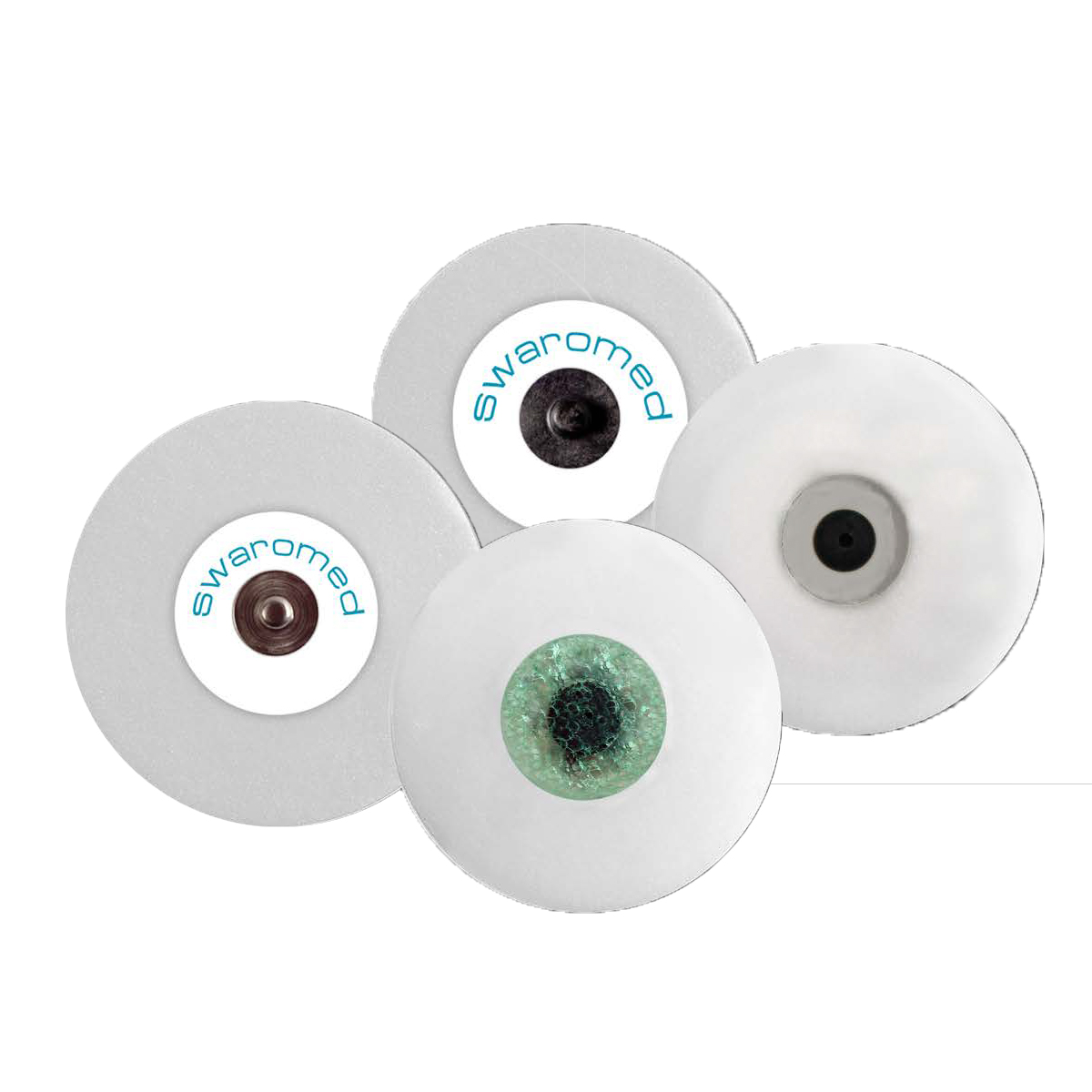 Fire runde elektroder med forskellige mønstre og farver, mærket "swaromed".