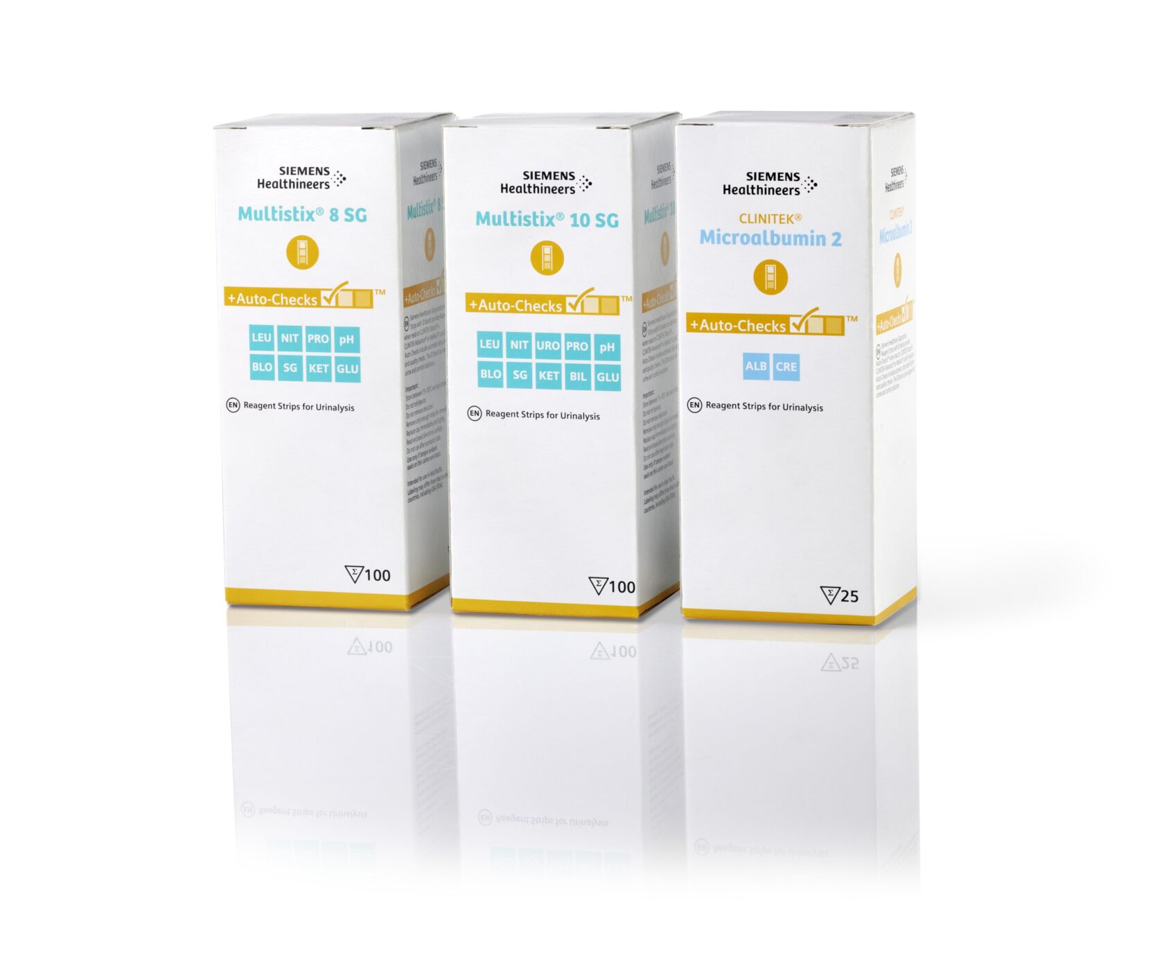 Tre Siemens Healthineers urinanalystreagsremsor, märkta Multistix 8 SG, Multistix 10 SG och Microalbumin 2.