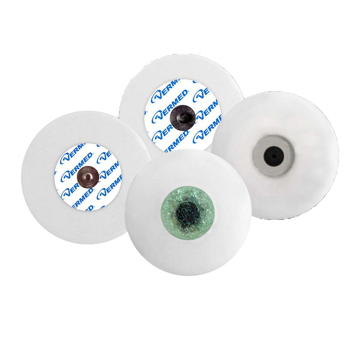 Fire forskellige typer runde medicinske elektroder med klæbende bagside, mærket "VERMED".