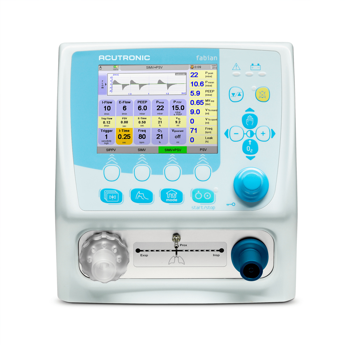 Medicinsk ventilator med digitalt display, målinger og knapper til justeringer.