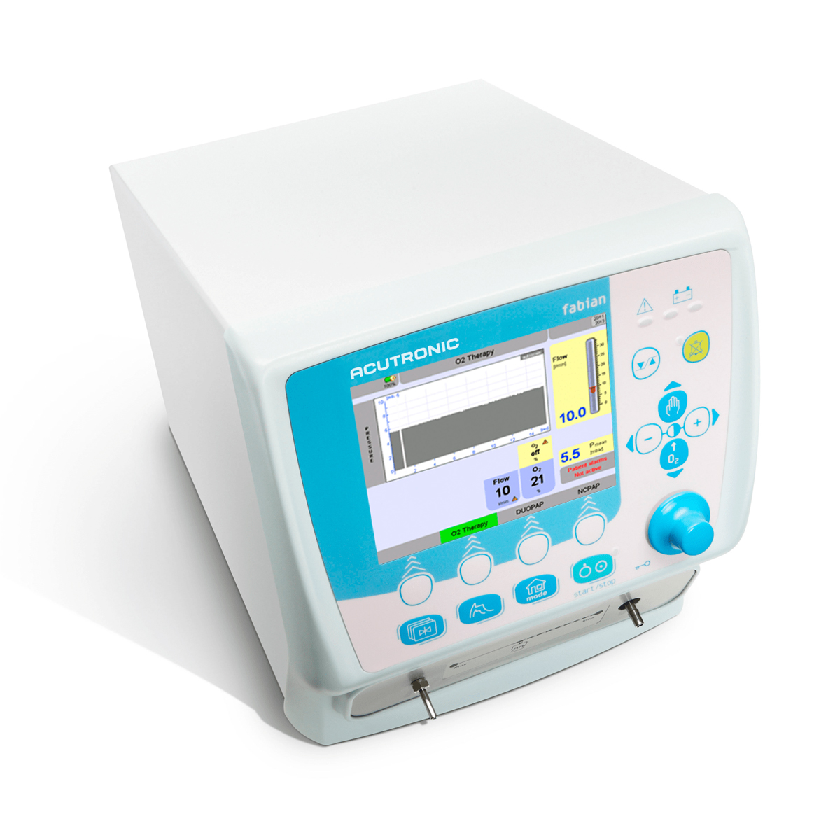 Medicinsk ventilator med digitalt display og blå knapper, mærket Acutronic Fabian.