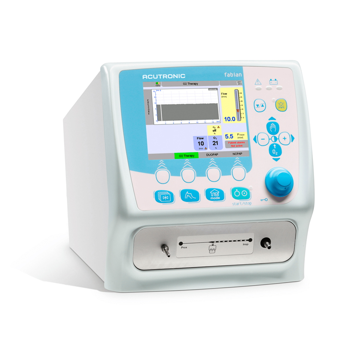 Medicinsk ventilator med farvedisplay og knapper, mærket Acutronic fabian, til brug i sundhedspleje.
