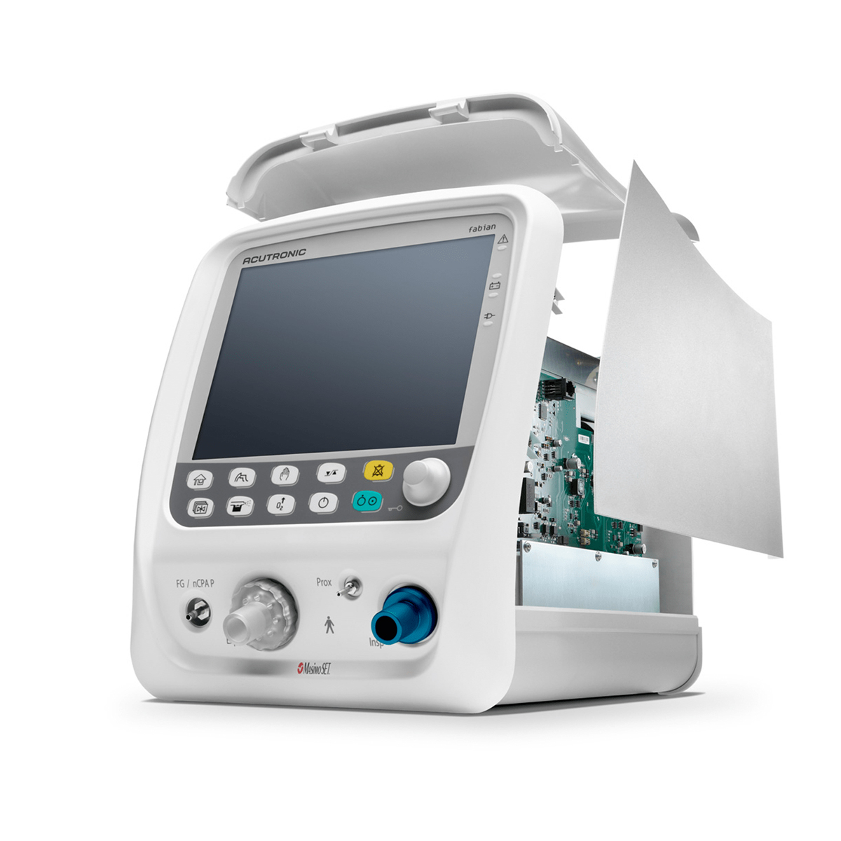 Medicinsk ventilator med åben side, der viser interne elektroniske komponenter.