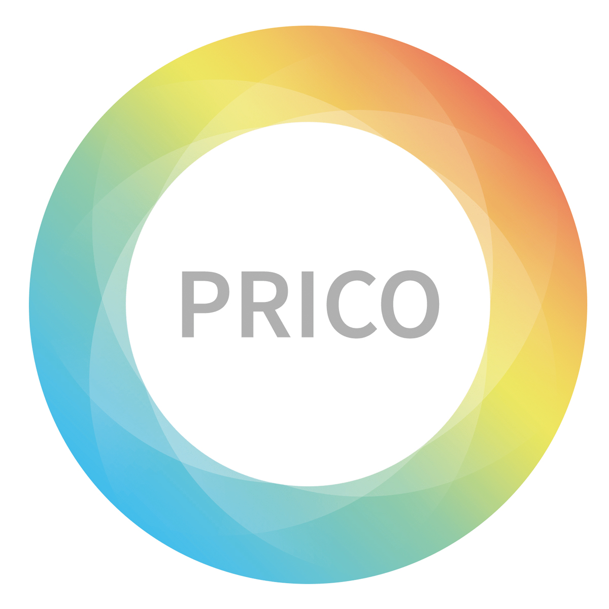 Logo med ordet "PRICO" i midten af en flerfarvet cirkel med blå, grøn, gul og orange nuancer.