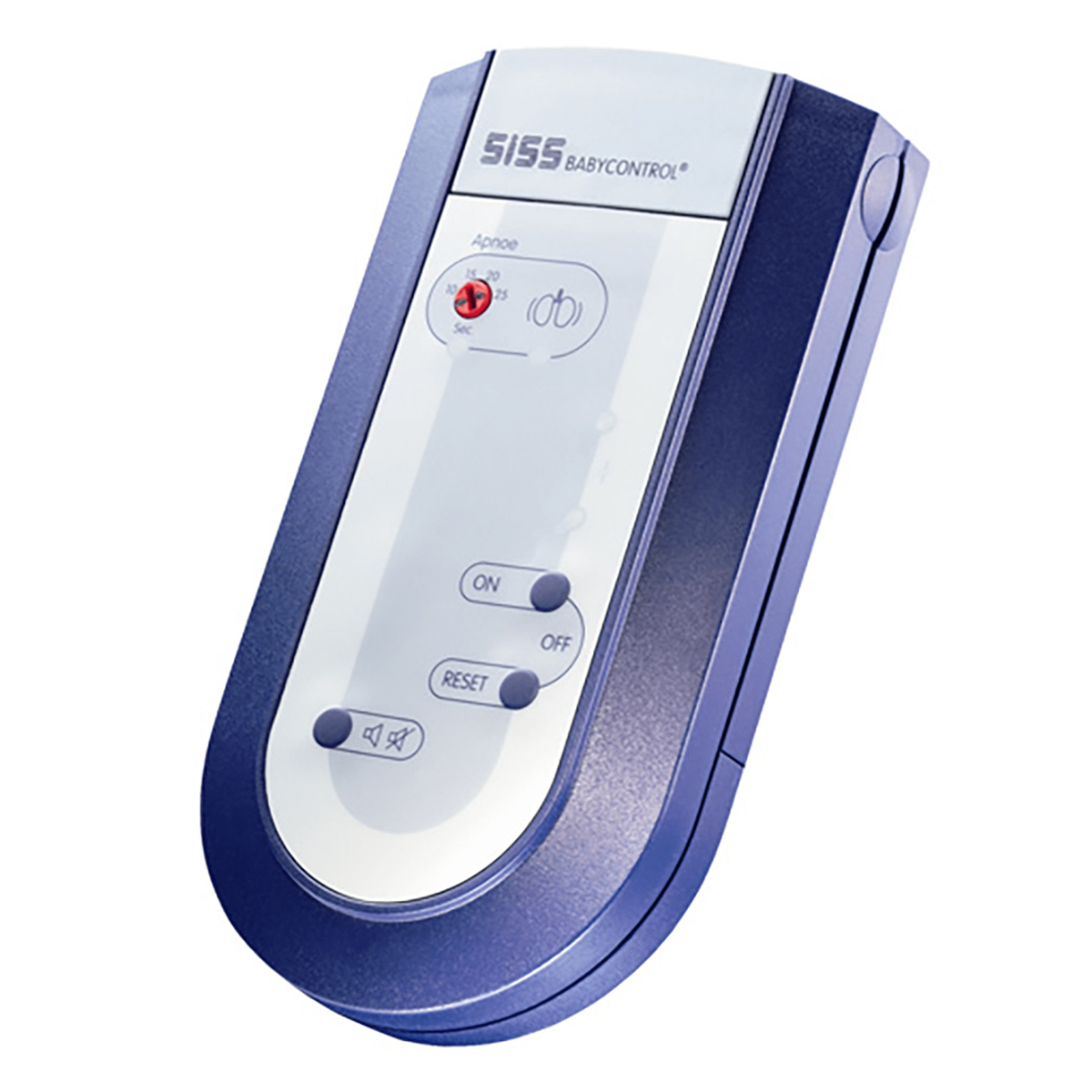 Blåt og hvidt SISS BABYCONTROL®-apparat med knapper til on, off, reset og lydstyring.