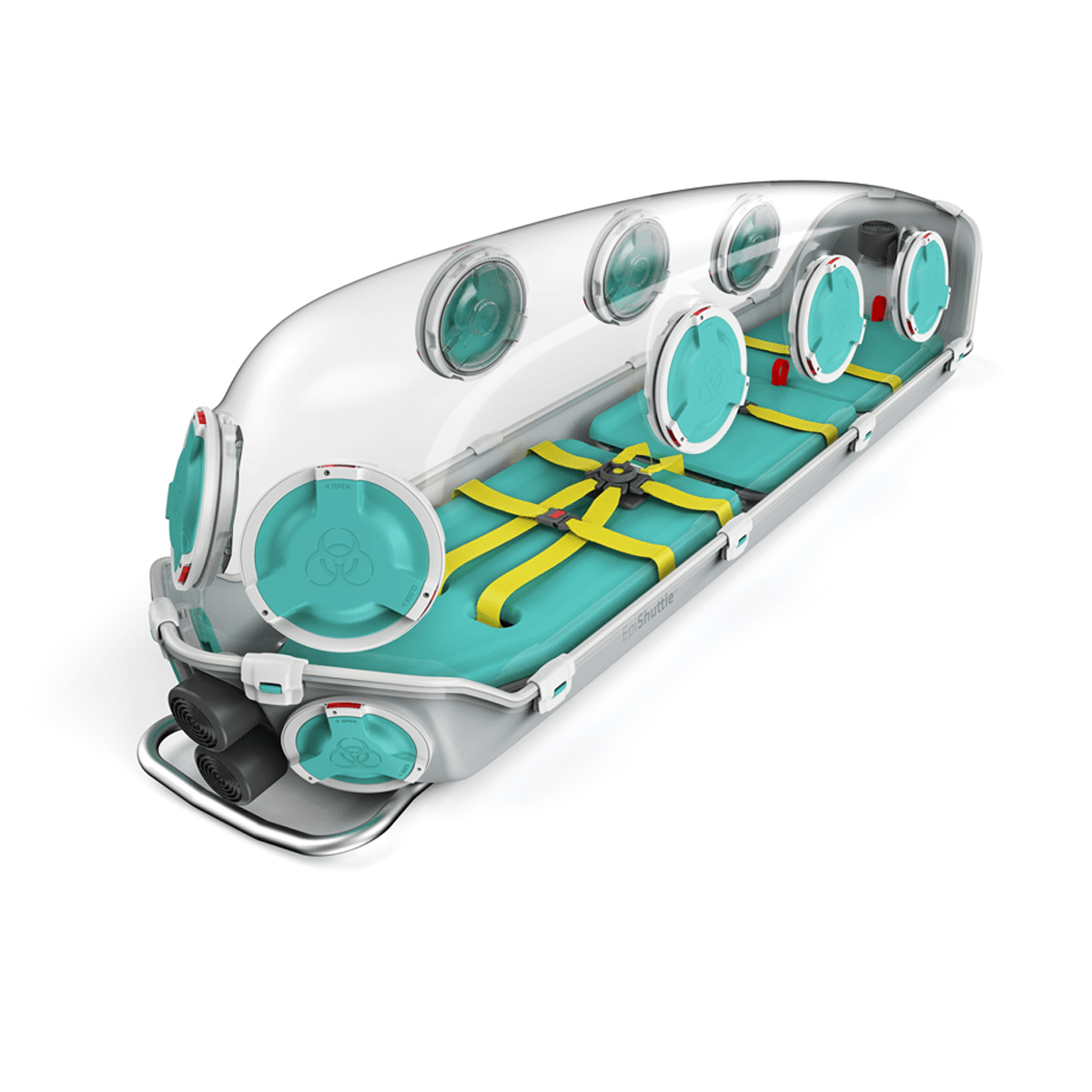 Medicinsk isoleringsbår med genomskinligt täcke, tealfärgat inre, gula remmar och runda åtkomstportar.