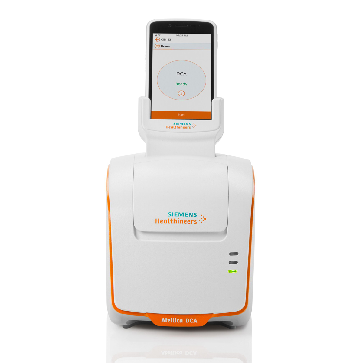 Medicinsk Siemens Healthineers Atellica DCA enhed med touchscreen-display og lysindikator.