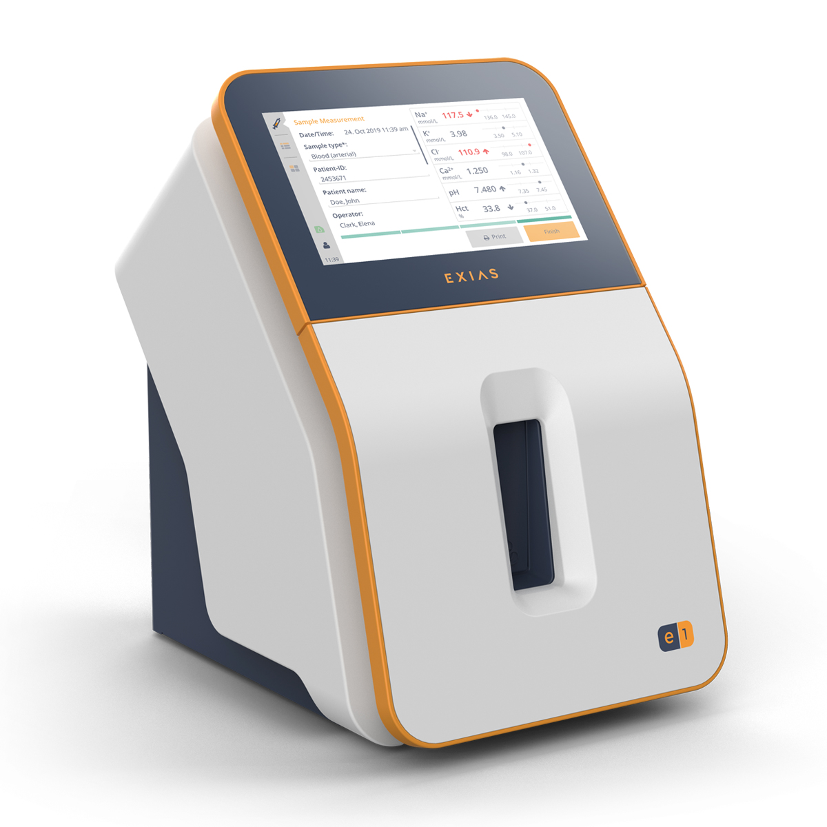 Moderne medicinsk udstyr med touchscreen-skærm, der viser testrapporter, mærket "EXIAS", hvid med orange og blå accenter.