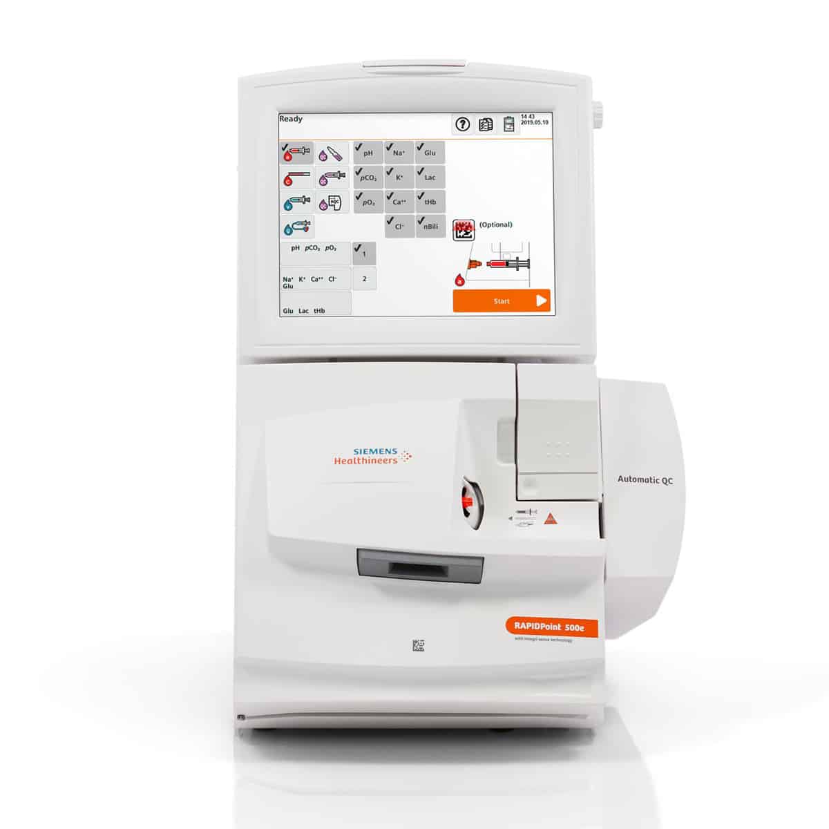 Blodgas-analyseapparat Siemens Healthineers RAPIDPoint 500e med touchscreen og laboratoriemenu.