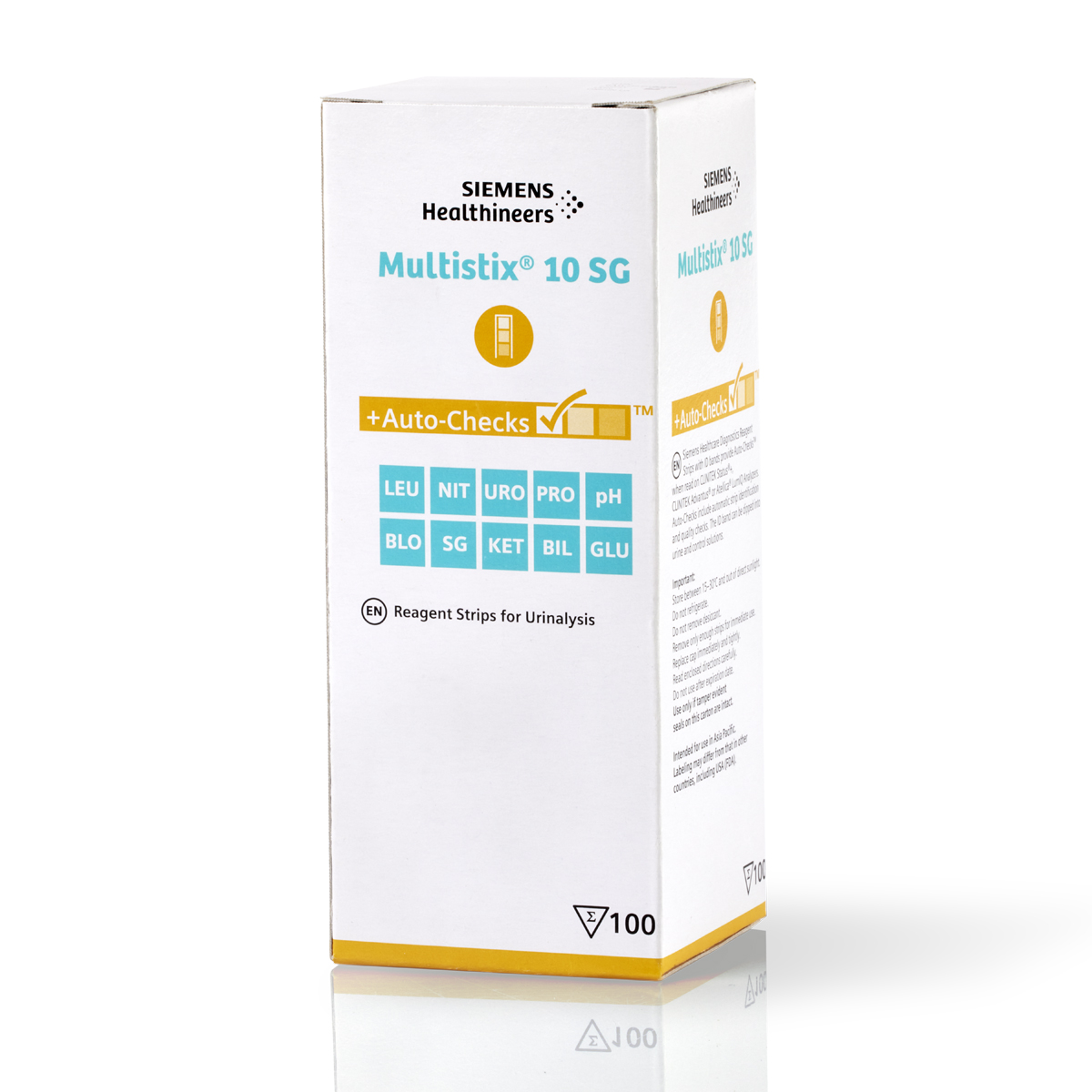 Siemens Healthineers Multistix 10 SG reagensremsor för urinanalyser, förpackning med 100 stycken, vit med blå och gula accenter.