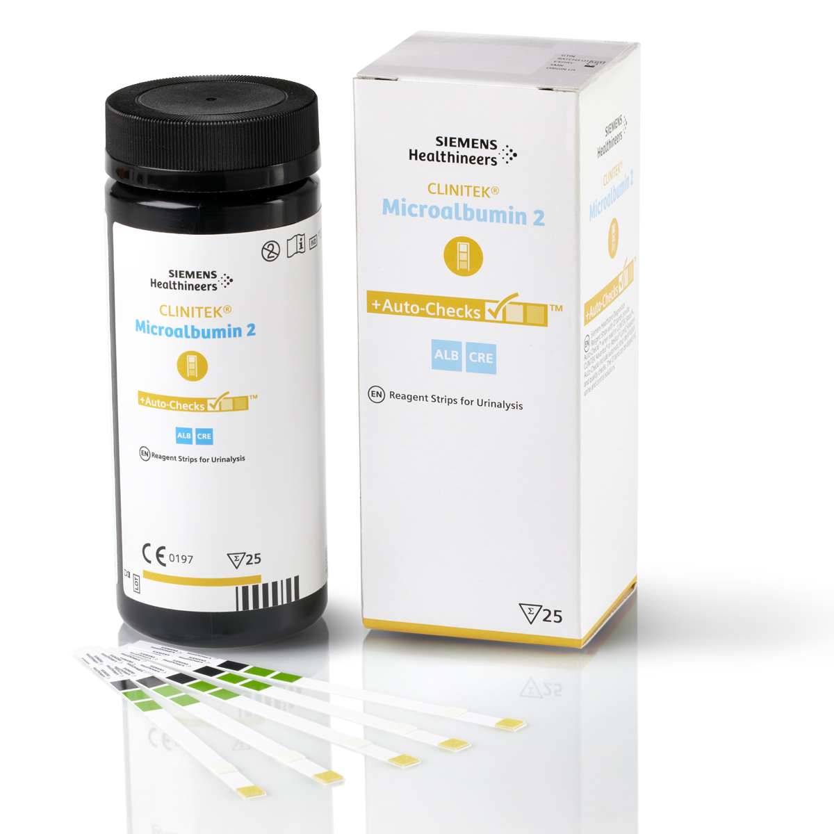 Siemens Healthineers CLINITEK Microalbumin 2 teststrimler og emballage til urinanalyse.