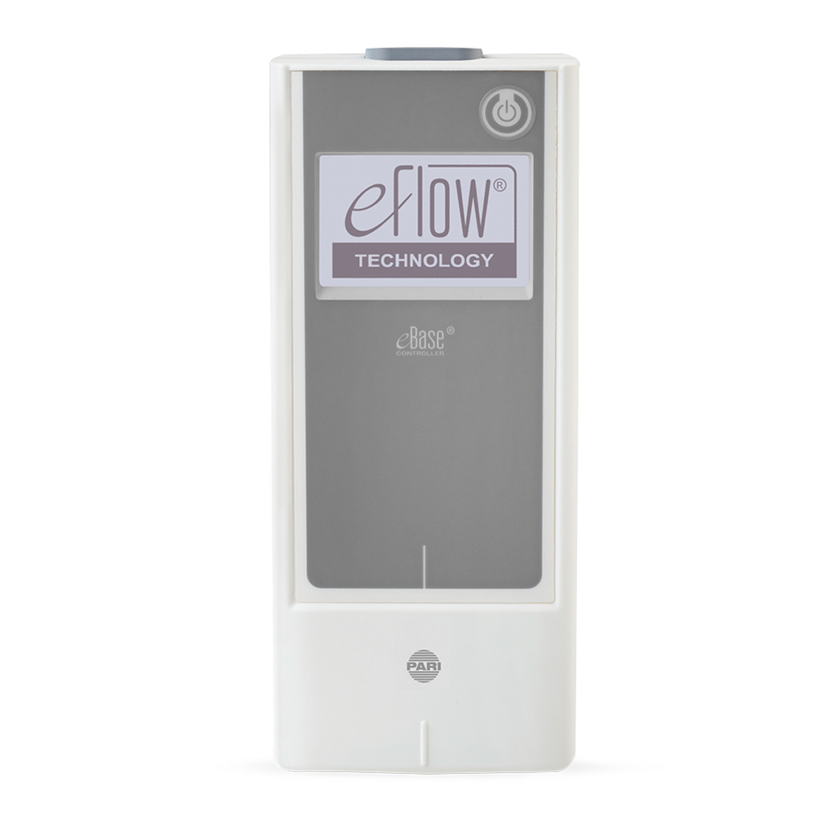 Hvid og grå medicinsk enhed mærket eFlow Technology med en tænd/sluk-knap ikon og PARI-logo i bunden.