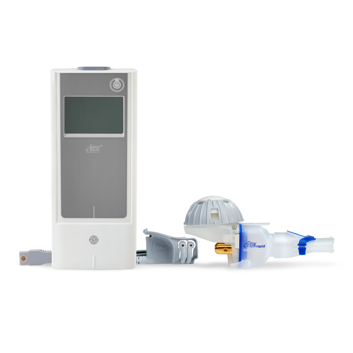 Medicinsk nebulisator med digitalt display og aftagelige komponenter på en hvid baggrund.