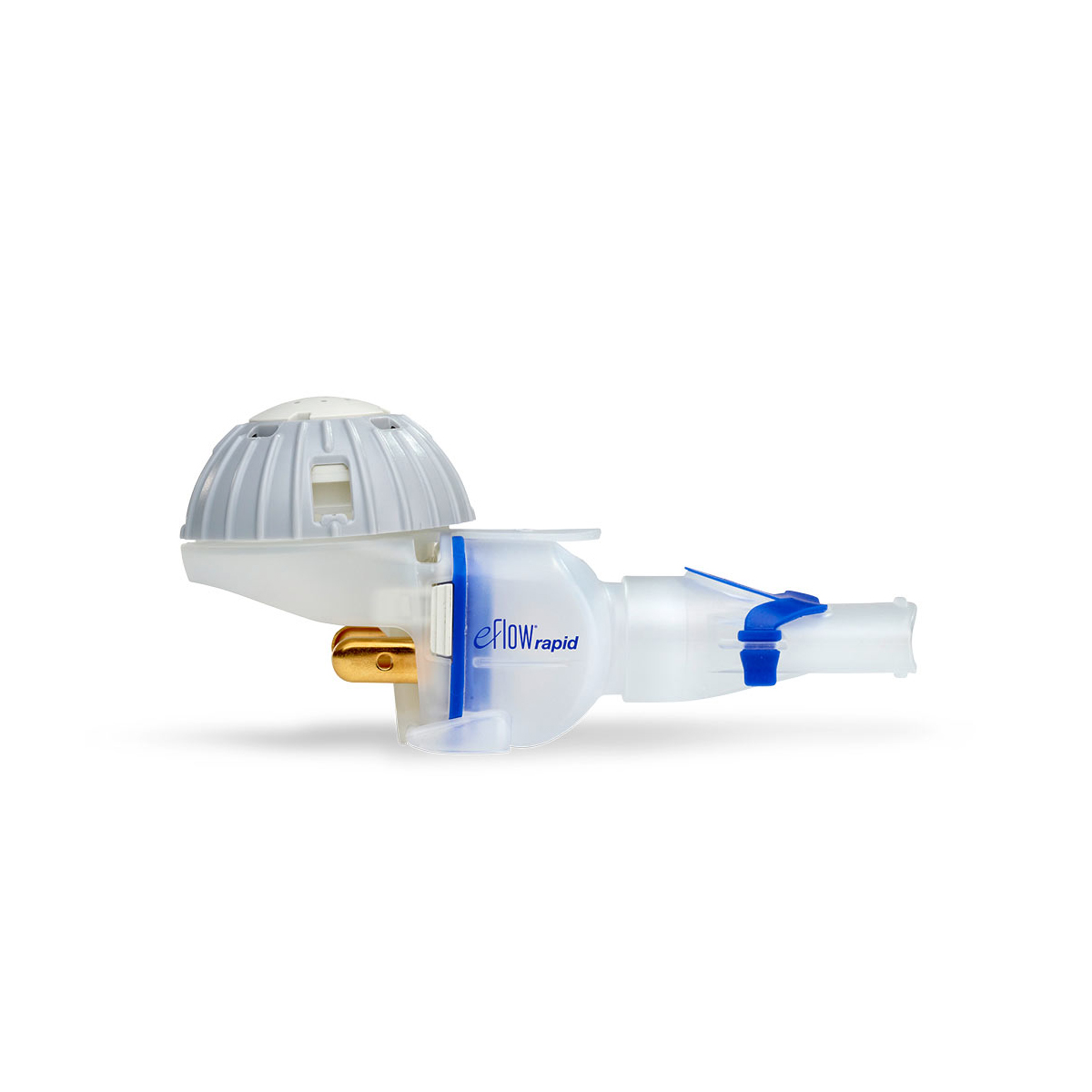 Et close-up af en eFlow Rapid nebulisator komponent med blå accenter på en hvid baggrund.