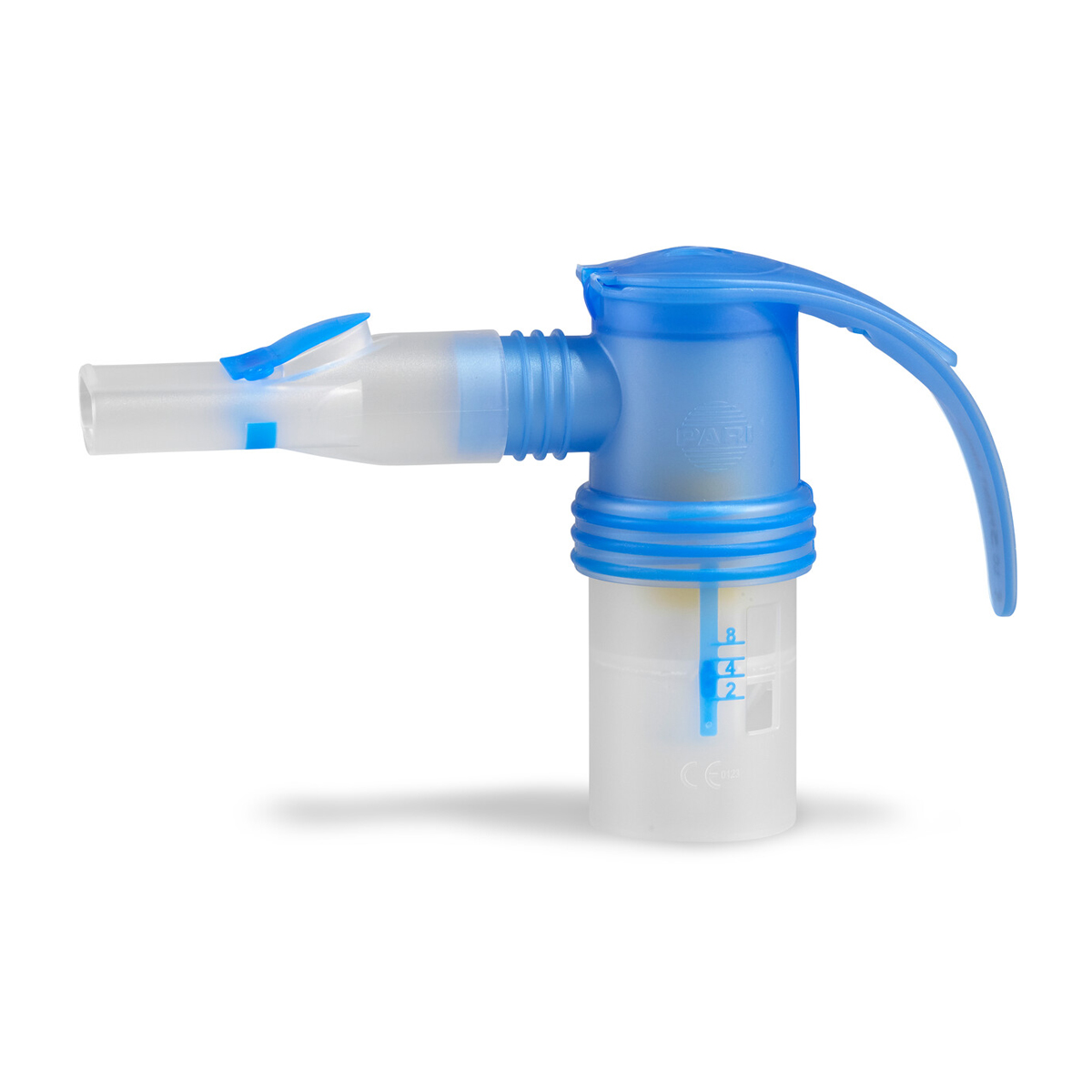 Et blåt og hvidt plastnebulator mundstykke til medicinsk inhalationsterapi, vist på en hvid baggrund.