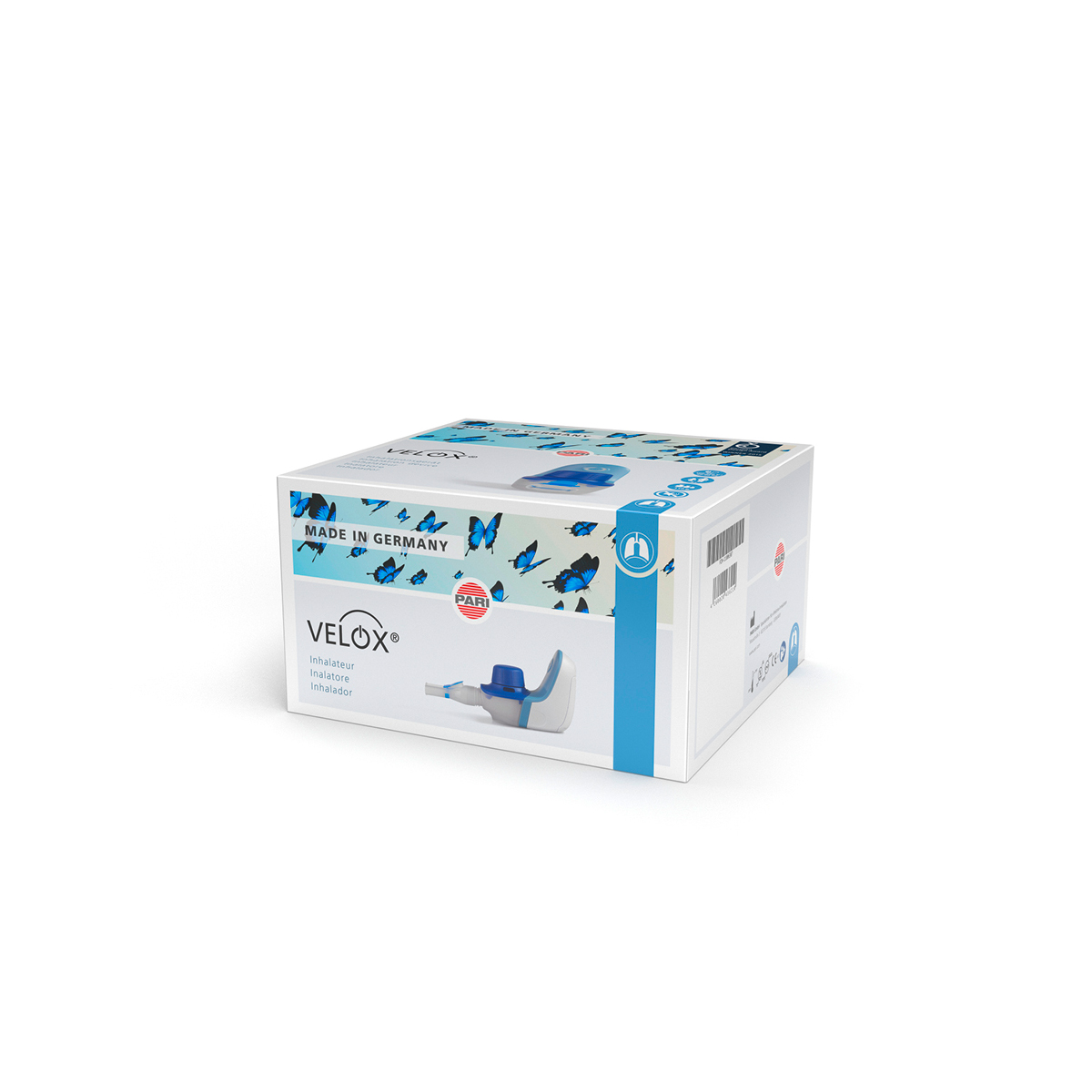 Æske med VELOX inhalator med design af blå sommerfugle, produktbillede og teksten "Made in Germany" på emballagen.