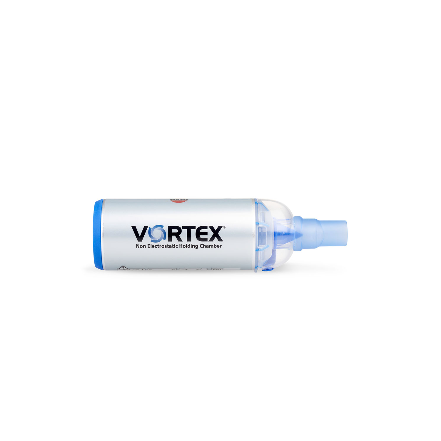 Vortex ikke-elektrostatisk holderkammerinhalator med blå mundstykke på hvid baggrund.