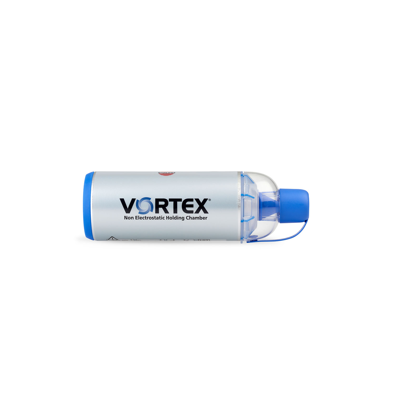 Silver Vortex ikke-elektrostatisk holdekammer med blå låg i begge ender, liggende vandret.