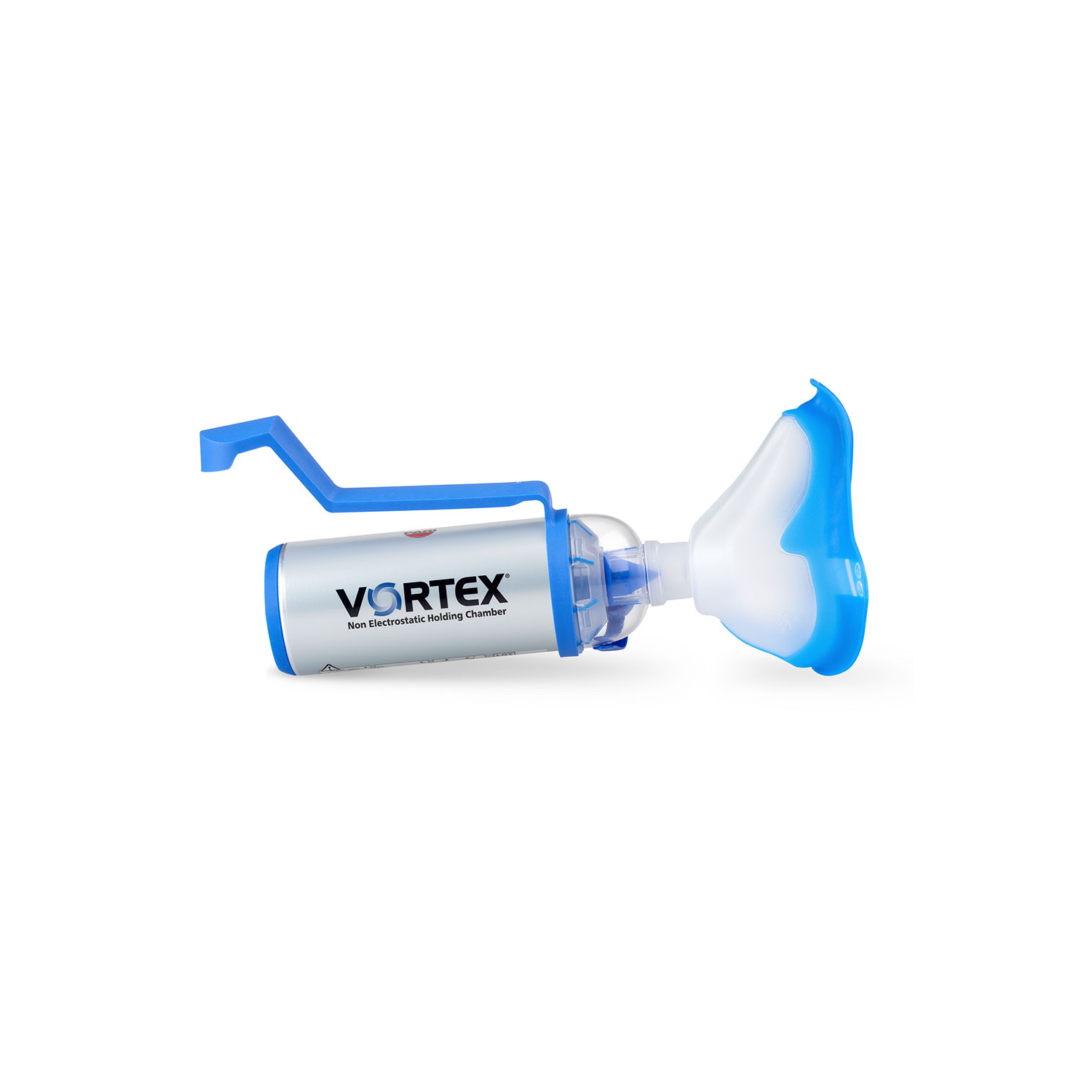 En Vortex ikke-elektrostatisk holdkammer med en blå maske og håndtag, brugt til inhalationsmedicin.