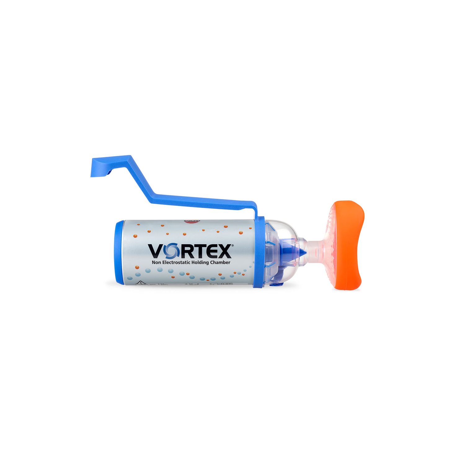 Blå og sølv Vortex ikke-elektrostatisk holdkammer med orange maske, brugt til inhalationsterapi.