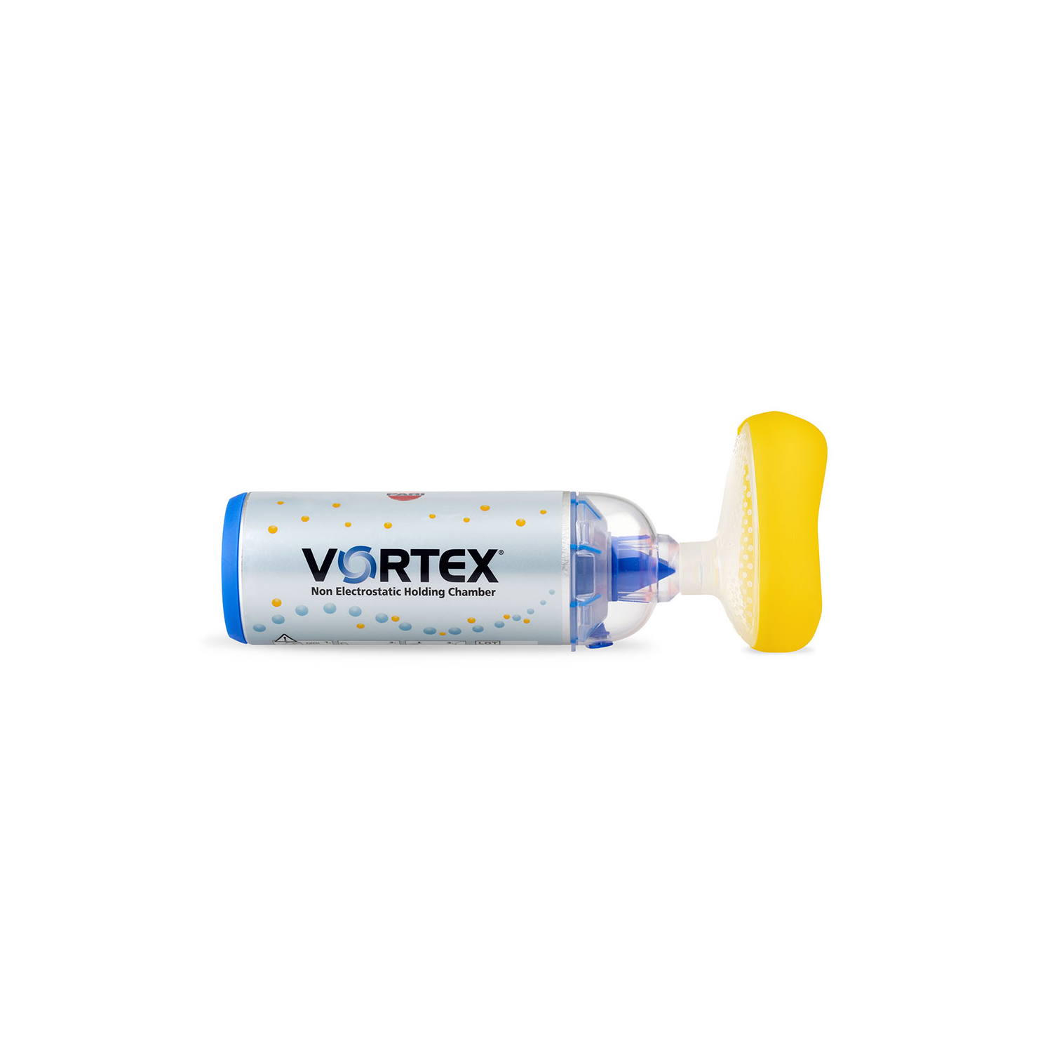 Vortex inhalatorkammer med gul maske og blå accenter, liggende på en hvid baggrund.