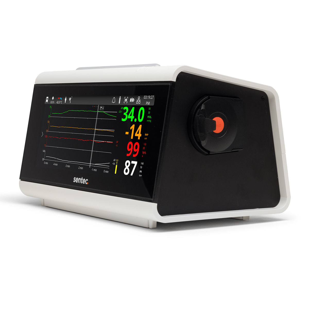 Medicinsk övervakningsenhet med färgdisplay som visar vitala tecken och numeriska värden, märkt "sentec."