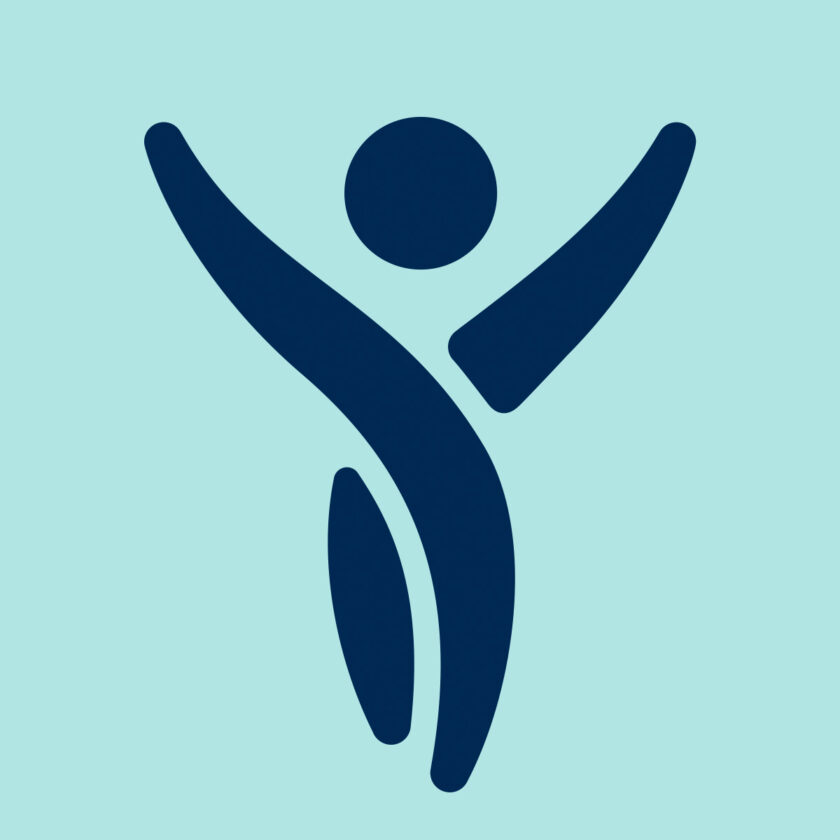 Mørkeblåt abstrakt ikon af en person med hævede arme på lyseblå baggrund.