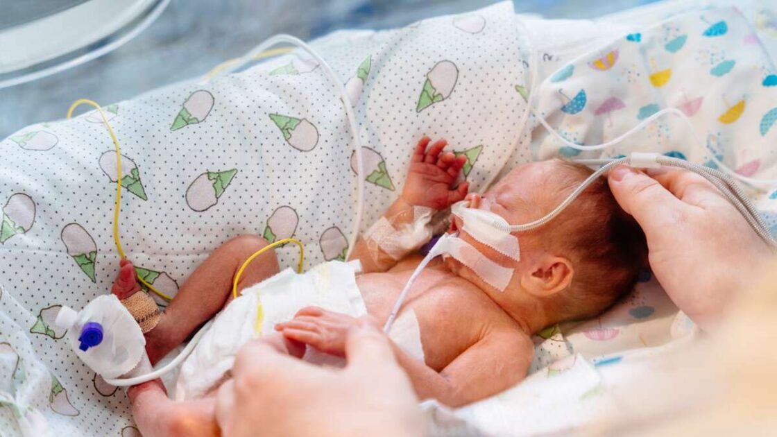 For tidligt født baby i inkubator, sover, får pleje