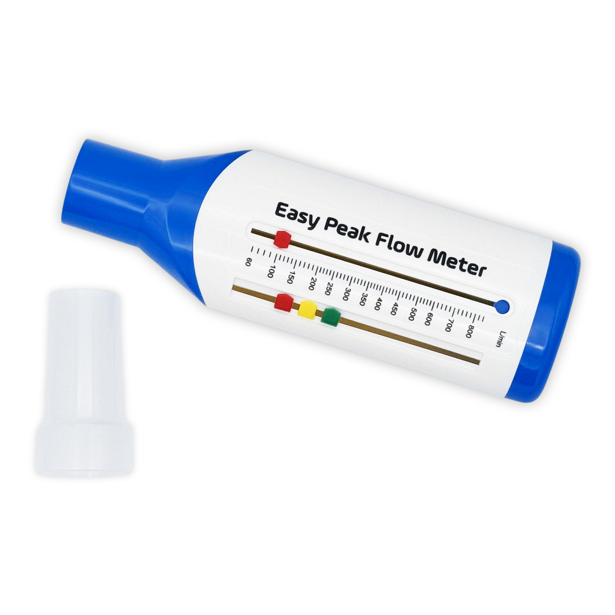 En blå og hvid Easy Peak Flow Meter med et aftageligt mundstykke ved siden af på en hvid baggrund.