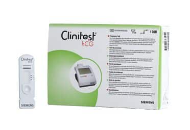 Clinitest hCG graviditetstest sæt fra Siemens med æske og teststrimmel synlig.