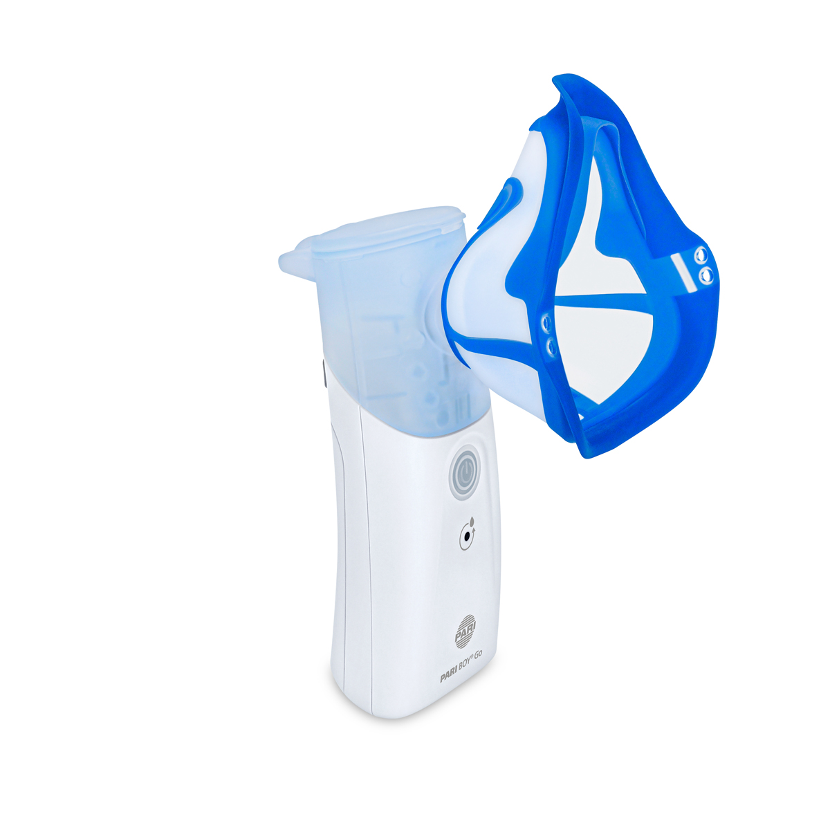 Bærbar nebulisator med en blå og hvid ansigtsmaske på en hvid baggrund.