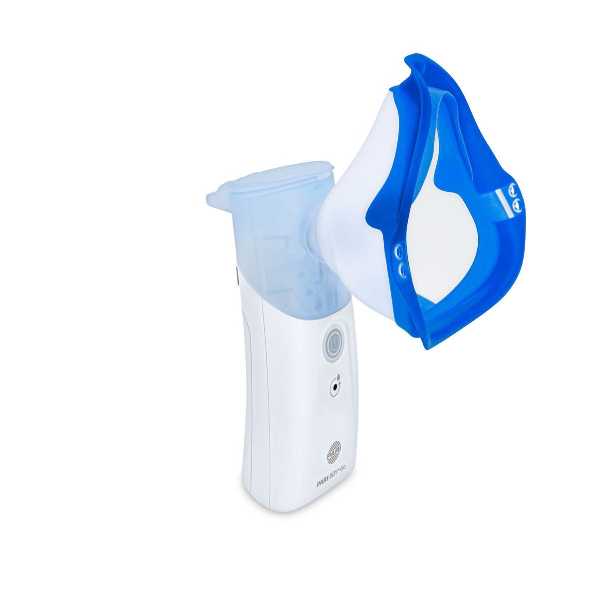Bærbar nebulisator med et blå-hvidt ansigtsmaskevedhæng, designet til respirationsbehandlinger.